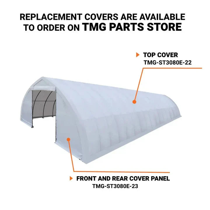 30' x 80' Peak Ceiling Storage Shelter with Heavy Duty 11 oz PE Cover & Drive Through Doors, TMG-ST3082E (Previously ST3080E)