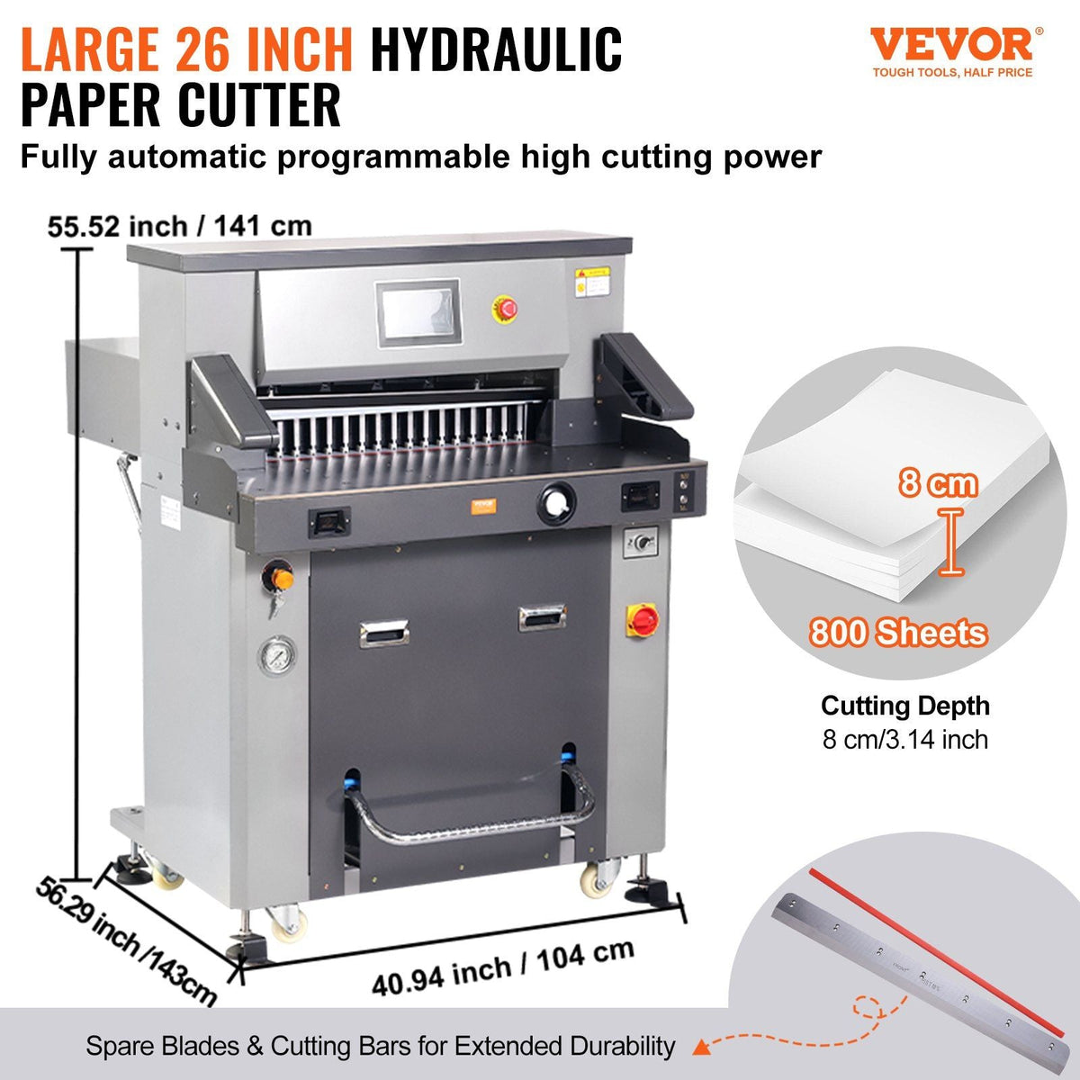 VEVOR Electric Hydraulic Paper Cutter, Heavy Duty Paper Cutter Machine 26" /660.4mm Cutting Width, 3.14"/80mm Cutting Thickness, Electric Paper Trimmer with 7" Touchscreen Numerical Control